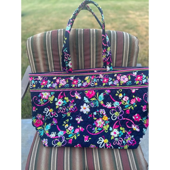 Vera Bradley Tote, Dark Blue with Floral Design, Large - Picture 2 of 11